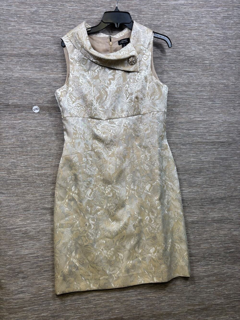 Tahari Cowl NeckbSheath Dress Womens Size 10 Cream Shimmer Floral Metallic